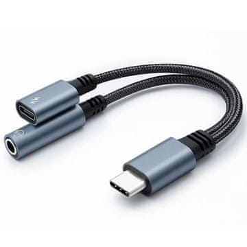 Qoltec adapter 2v1 USB-C | USB-C | Vtičnica 3,5 mm | PD 15 W | 10 cm | Aluminij
