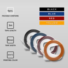 shumee Komplet 4 3D trakov Qoltec za DYMO Omega Embosser | 9 mm * 3 m | 4 barve | samolepilni