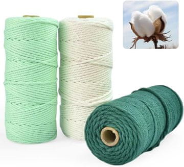 shumee Bombažna vrvica za makrame, zelena in bela, 3 kosi, 100 m