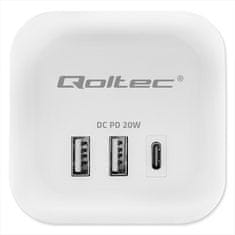 Qoltec 6-v-1 podaljševalni napajalnik v kocki z osvetljenim stikalom | 3x AC | 2x USB | 1x USB-C PD 20W | Bela
