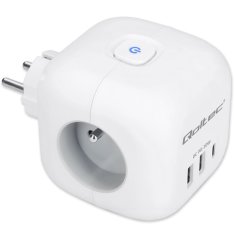 Qoltec 6-v-1 podaljševalni napajalnik v kocki z osvetljenim stikalom | 3x AC | 2x USB | 1x USB-C PD 20W | Bela