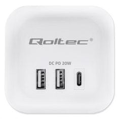 Qoltec 6-v-1 podaljševalni napajalnik v kocki z osvetljenim stikalom | 3x AC | 2x USB | 1x USB-C PD 20W | Bela | 2 m kabel
