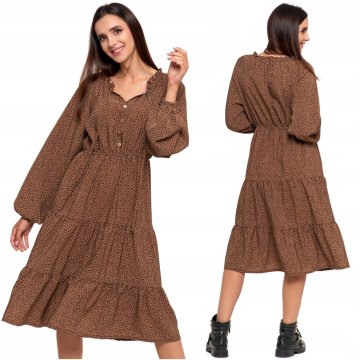 shumee Ženska midi obleka z dolgimi rokavi, zračna, modna, elegantna, z volančki MORAJ XL