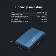shumee Qoltec aluminijasto ohišje | SSD trdi disk 2,5" | SATA | USB 3.0 | Super hitrost 5 Gb/s | 2 TB | modro