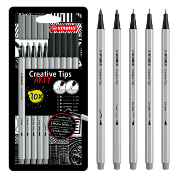 shumee STABILO Creative Tips Fineliner Set ARTY point 88/Flamaster Pen 68/Flamaster Pen 68 čopič - črno-siva kartonska škatla 10 kosov 89/10-1-20