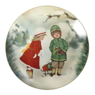 Brandani Servirni krožnik Cuccioli 30cm / deklica in deček zelen plašč / porcelan