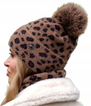 shumee Topla ženska zimska kapa s kapo POMPOM, MODNA, leopardji vzorec, poljski potisk