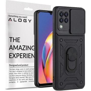 shumee Ovitek Alogy Stand Ring Armor s pokrovom kamere za Galaxy A22 M22 4G črne barve