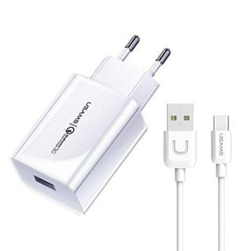 USAMS 18W USAMS polnilnik s hitrim polnjenjem USB-A, bel, 1 m kabel USB-C
