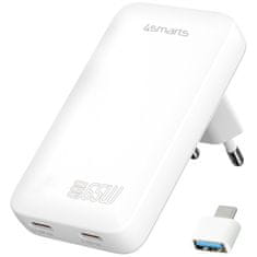 4smarts 65W 4smarts GaN 2xUSB-C stenski polnilnik bele barve