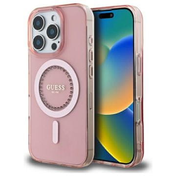 Guess Ovitek za iPhone 16 Pro 6,3" Guess roza MagSafe IML z okrasnimi kamni