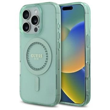 Guess Ovitek Guess z okrasnimi kamni MagSafe za iPhone 16 Pro Max zelen
