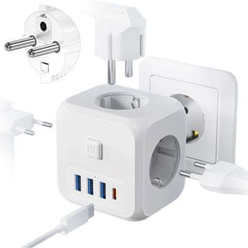 shumee Omrežni razdelilnik, polnilnik, adapter, thief, 3 vtičnice, PLEU USB USBC 7v1 Alogy White