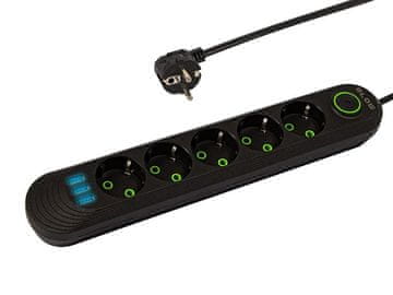 shumee 98-228# PS-550 omrežni podaljšek 5-vtičnic 3xUSB 5m črne barve 2x1mm