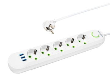 shumee 98-230# PS-530 omrežni podaljšek 5-vtičnic 3xUSB 3m bel 2x1mm