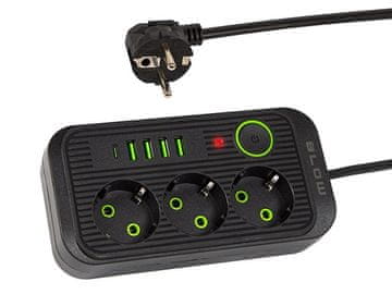 shumee 98-235# PS-350u omrežni podaljšek kabel 3 vtičnice 4xUSB 1xUSB-C 5m črne barve 2x1mm