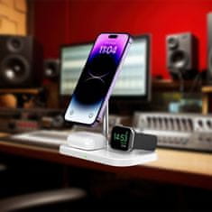 shumee Qi Mag Safe 15W induktivni polnilec za iPhone Apple Watch AirPods 3v1 brezžično stojalo Bela