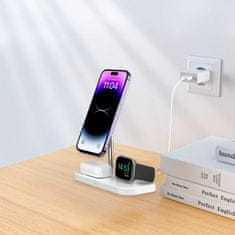 shumee Qi Mag Safe 15W induktivni polnilec za iPhone Apple Watch AirPods 3v1 brezžično stojalo Bela