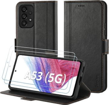 shumee USNJEN OVITEK S POKLOPOM ZA SAMSUNG GALAXY A53 ČRN + 2x KALJENO STEKLO