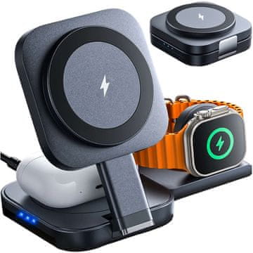 shumee Qi Mag Safe 15W brezžični polnilec za iPhone Apple Watch AirPods 3-v-1 priklopna postaja črna