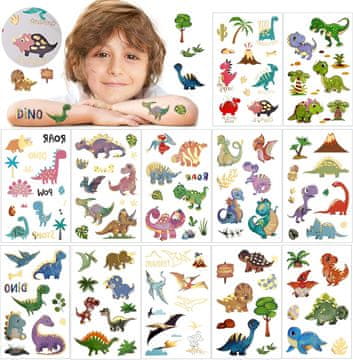 shumee 12x LIST ZAČASNIH TATUJEV ZA OTROKE, PISATI KOVINSKI DINOZAVRI