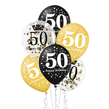 shumee Komplet balonov za 50. rojstni dan, črno-zlati, 30 cm, 6 kosov.