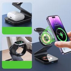 shumee Magnetno induktivni polnilec Qi 15W 3v1 Mag Safe brezžično črno aluminijasto stojalo za telefon