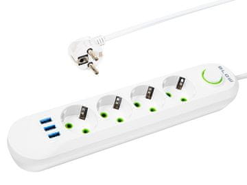 shumee 98-225# PS-450 omrežni podaljšek 4-vtičnice 3xUSB 5m bel 2x1mm
