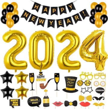 shumee SILVESTRSKI SET DEKORACIJ ČRNO ZLATA 2024 BALONSKI OKRASKI