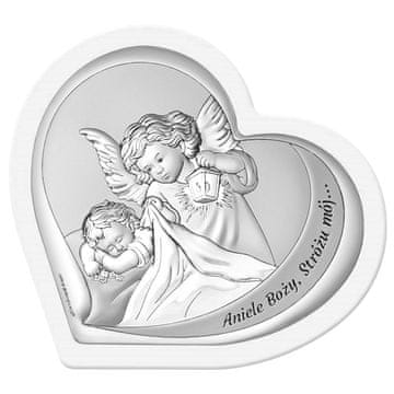 shumee Srebrna slika z angelom varuhom, bel okvir v obliki srca + gravura 6777-W 9,2 x 9 cm