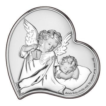 shumee Srebrna slika angela z lučko nad otrokom "angel božji..." + gratis gravura DS18 14 x 14 cm