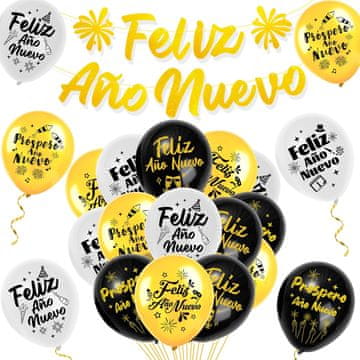 shumee SILVESTRSKI SET DEKORACIJ BALONI GIRLANDE ZLATI ČRNO BELI ŠPANSKI