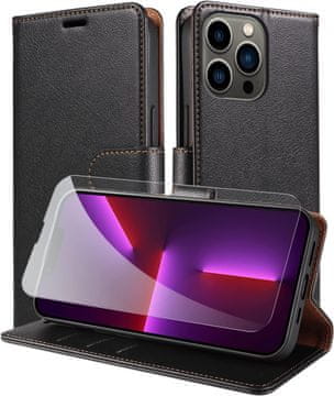 shumee APPLE IPHONE 13 PRO FLAP OVITEK ČRNO PU USNJE, KALJENO STEKLO