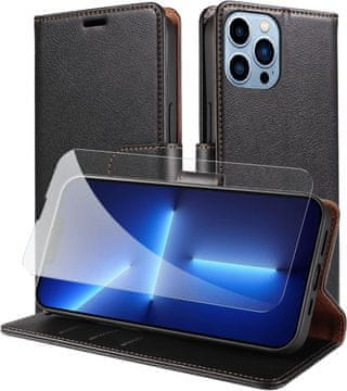 shumee KOMPLET PREKLOPNIH OVITEK ZA IPHONE 13 PRO MAX ČRNO IZ PU USNJA IN KALJENEGA STEKLA