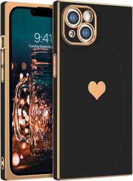 shumee OVITEK APPLE IPHONE 13 SVETEL SILIKON ČRNO ZLAT S SRČKOM
