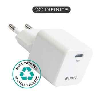 eSTUFF Polnilnik eSTUFF INFINITE USB-C PD 30W GaN, bel, 98 % recikliran, EU, ES637027