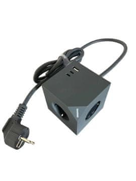 MicroConnect Power Cube, 3 Schuko vtičnice z magnetno funkcijo, 2 USB-C vhoda, 1 USB-A vhod, 1,5 m kabel, temno siva, MC-CUBE015USBMAGNETIC