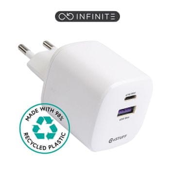 shumee eSTUFF INFINITE USB-C PD 67W GaN polnilnik, 1xUSB-C, 1xUSB-A, bel, 98 % recikliran, ES637065