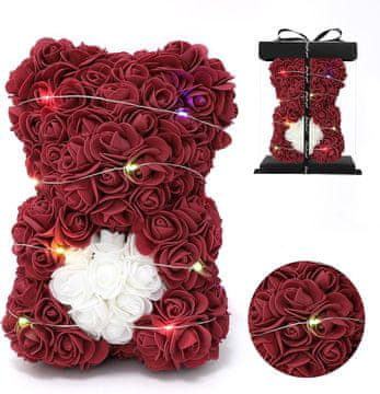 shumee MEDVEDEK IZ VRTNIČNIH LISTOV LED BURGUNDY V ŠKATLI IDEJA ZA VALENTINOVO DARILO 25CM