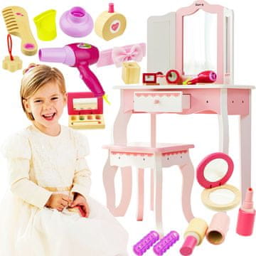 shumee ROZA LESENA TOALETNA MIZICA TROJNI PREDAL Z OGLEDALOM + STOL + 8 DODATKOV