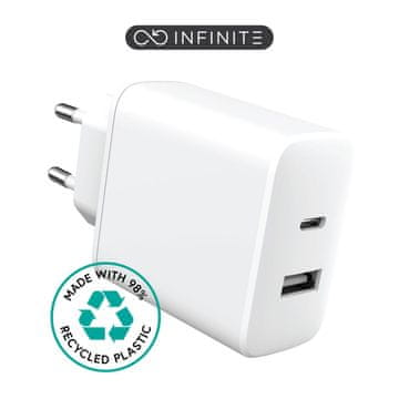shumee eSTUFF INFINITE EU USB polnilnik, 1x USB-C PD 20W, 1x USB-A 12W, bel, 98 % reciklirana plastika, ES637031-BULK