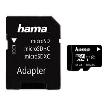 shumee HAMA microSDXC pomnilniška kartica 64GB Class 10 UHS-I 80MB/s + adapter