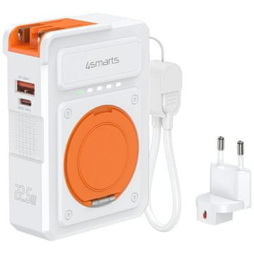 shumee 4smarts 6-v-1 USB-C/USB-A PD 20W hibridni polnilnik z 10.000 mAh prenosno baterijo, induktivno polnjenje Qi, kabel USB-C, 360-stopinjsko stojalo, bela