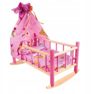 shumee Lesena zibelka za punčke s posteljnino in baldahinom