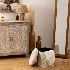 shumee ZLOŽLJIV POUFE Pasti 38x38 cm okrogla bela/bež šahovnica