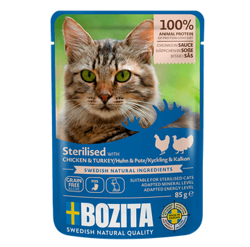 shumee BOZITA Sterilizirani koščki mesa v omaki s piščancem in puranom 85 g