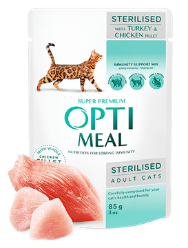 shumee OPTIMEAL sterilizirani puranji in piščančji file za mačke 85 g