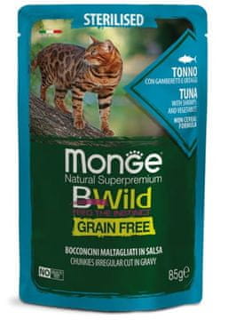 shumee Monge BWild Cat Sterilizirana tuna s kozicami in zelenjavo v omaki 85 g