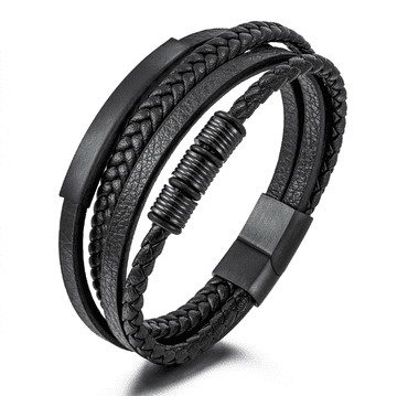 shumee Črna pletena usnjena zapestnica s črno kovinsko ploščico