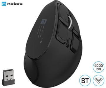 Natec Euphonie PRO vertikalna brezžična miška, BT / USB 2.4GHz, 4000DPI, 9 gumbov, polnilna baterija, USB-C